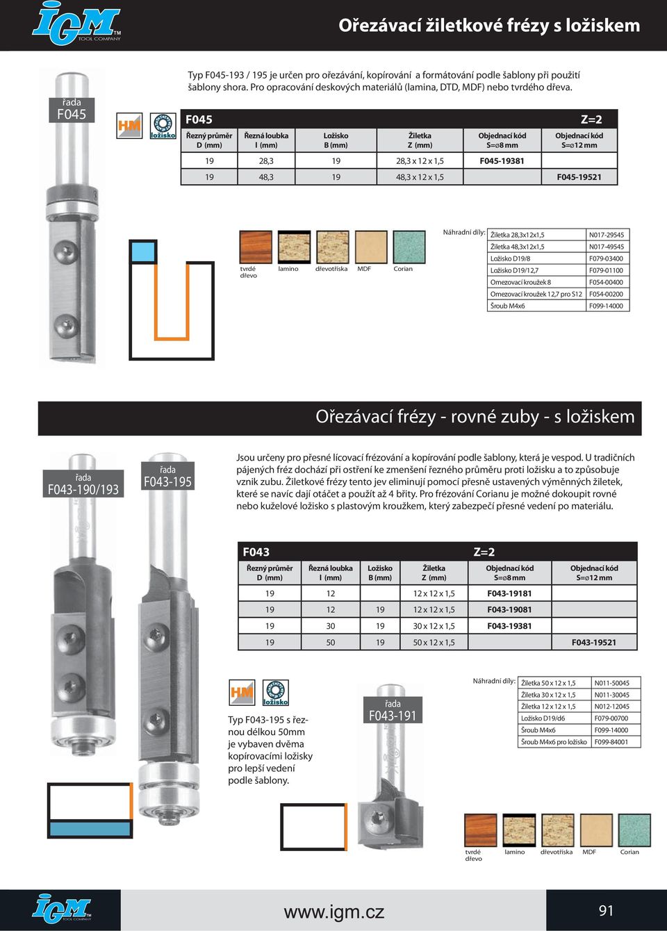 F045 Z=2 Řezná loubka B 19 28,3 19 28,3 x 12 x 1,5 F045-19381 19 48,3 19 48,3 x 12 x 1,5 F045-19521 tvrdé lamino tříska MDF Corian 28,3x12x1,5 N017-29545 48,3x12x1,5 N017-49545 D19/8 F079-03400