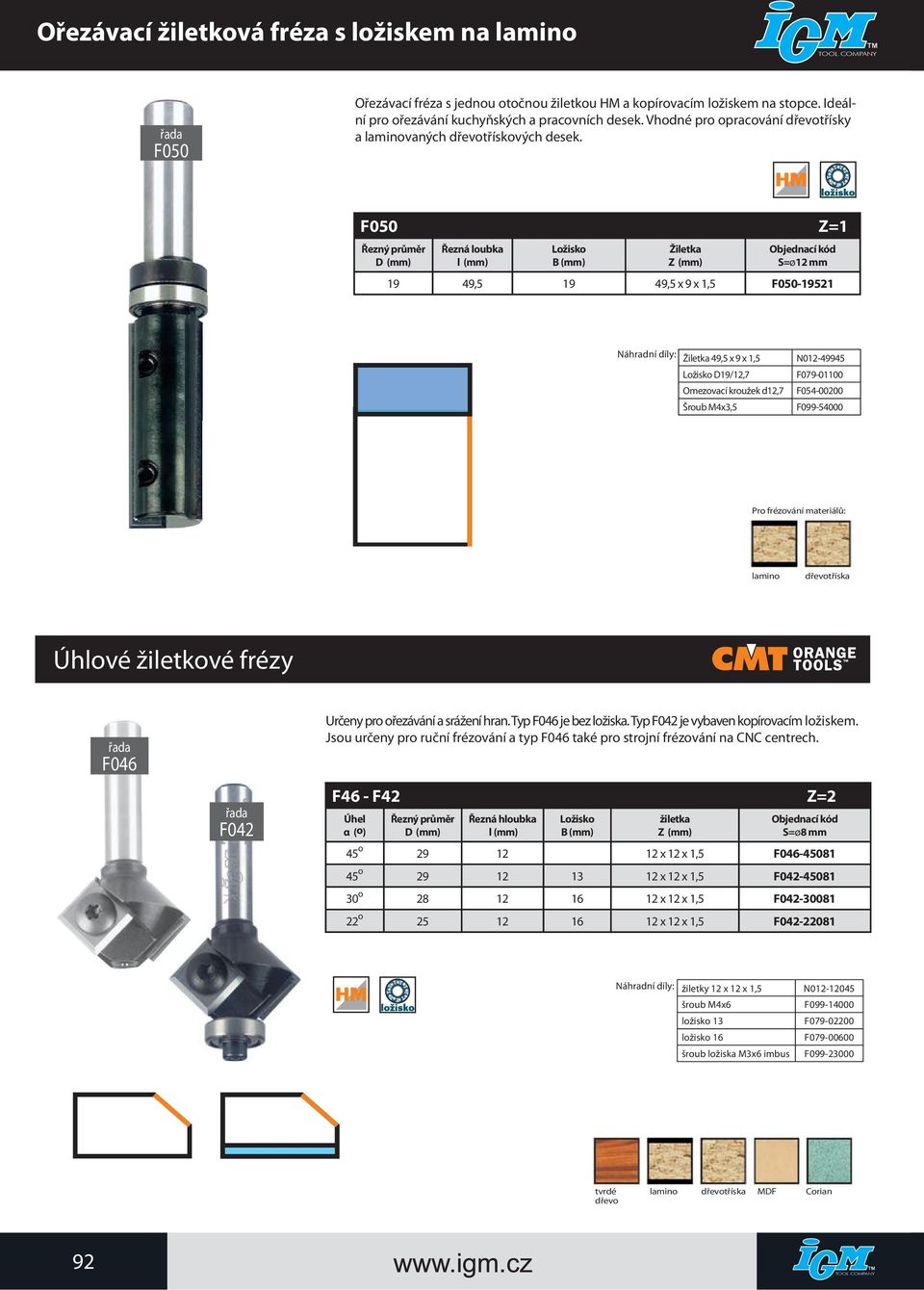 F050 Z=1 Řezná loubka B 19 49,5 19 49,5 x 9 x 1,5 F050-19521 49,5 x 9 x 1,5 N012-49945 D19/12,7 F079-01100 Omezovací kroužek d12,7 F054-00200 Šroub M4x3,5 F099-54000 Pro frézování materiálů: lamino