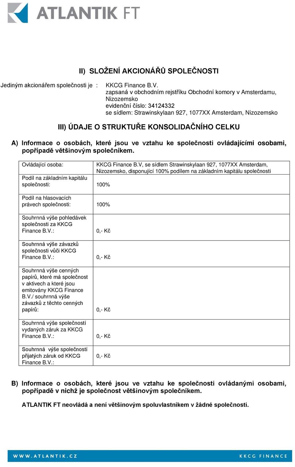 CELKU A) Informace o osobách, které jsou ve vztahu ke společnosti ovládajícími osobami, popřípadě většinovým společníkem. Ovládající osoba: KKCG Finance B.