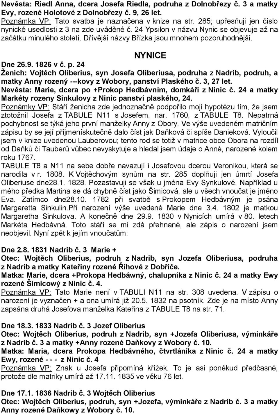 1826 v č. p. 24 Ženich: Vojtěch Oliberius, syn Josefa Oliberiusa, podruha z Nadrib, podruh, a matky Anny rozený ---kovy z Wobory, panství Plaského č. 3, 27 let.