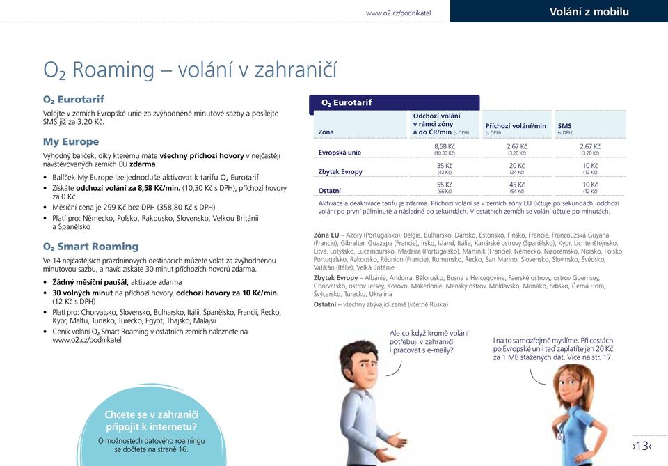 Balíček My Europe lze jednoduše aktivovat k tarifu O 2 Eurotarif Získáte odchozí volání za 8,58 Kč/min.