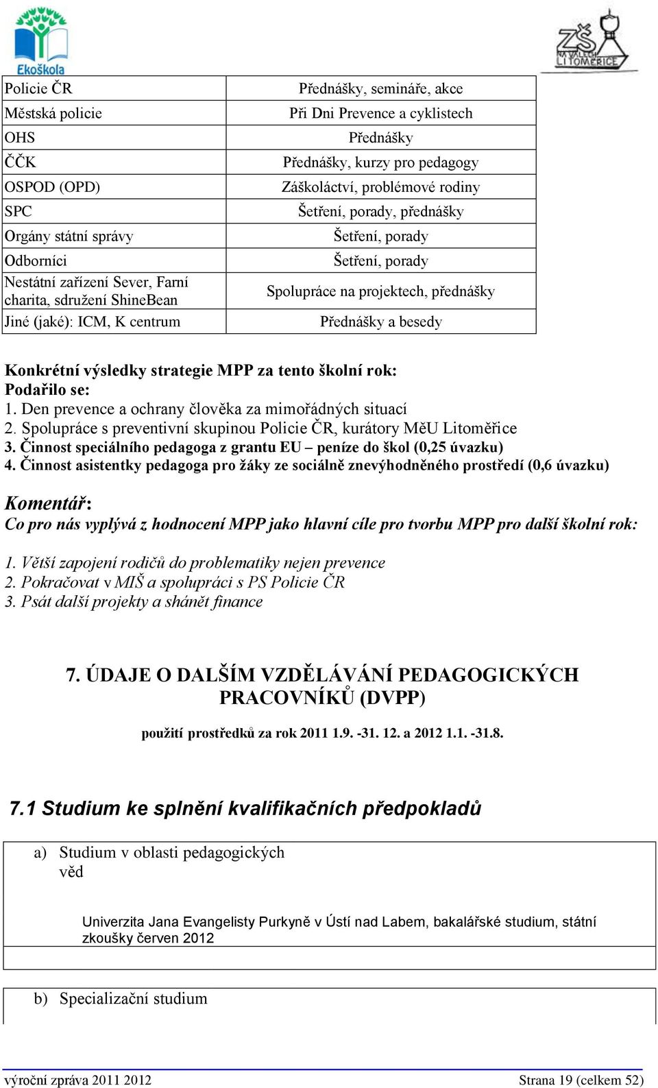 Přednášky a besedy Konkrétní výsledky strategie MPP za tento školní rok: Podařilo se: 1. Den prevence a ochrany člověka za mimořádných situací 2.