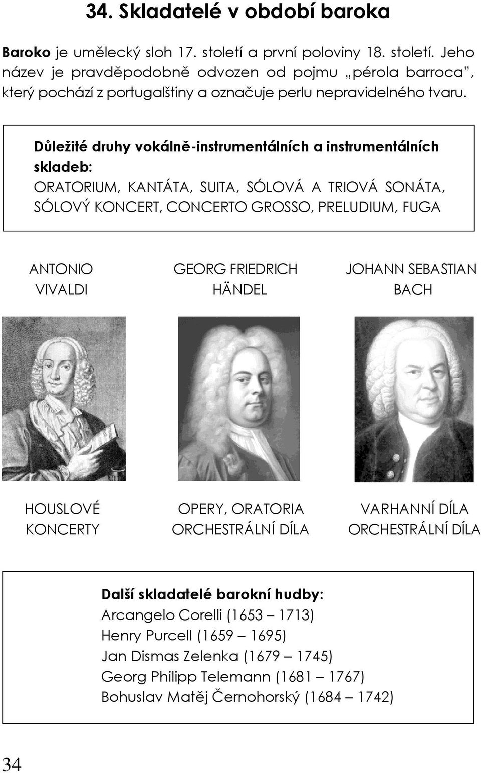 Důležité druhy vokálně-instrumentálních a instrumentálních skladeb: ORATORIUM, KANTÁTA, SUITA, SÓLOVÁ A TRIOVÁ SONÁTA, SÓLOVÝ KONCERT, CONCERTO GROSSO, PRELUDIUM, FUGA ANTONIO GEORG