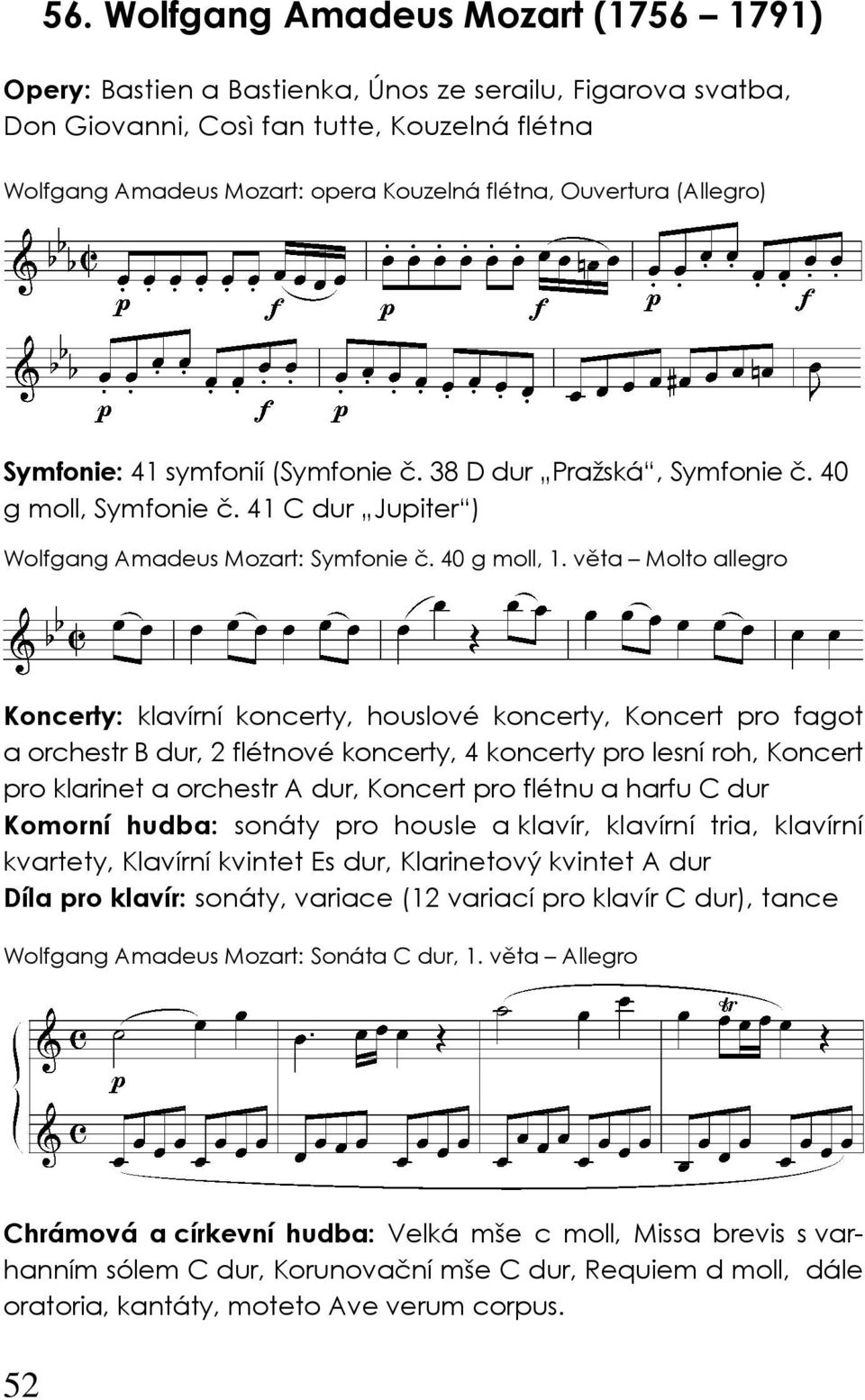 věta Molto allegro Koncerty: klavírní koncerty, houslové koncerty, Koncert pro fagot a orchestr B dur, 2 flétnové koncerty, 4 koncerty pro lesní roh, Koncert pro klarinet a orchestr A dur, Koncert