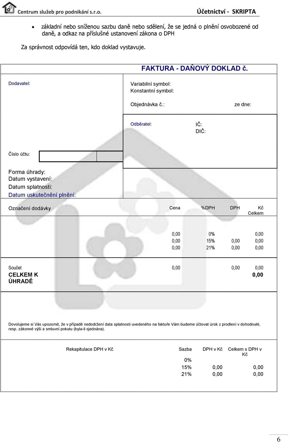: ze dne: Odběratel: IČ: DIČ: Číslo účtu: Forma úhrady: Datum vystavení: Datum splatnosti: Datum uskutečnění plnění: Označení dodávky Cena %DPH DPH Kč Celkem 0,00 0% 0,00 0,00 15% 0,00 0,00 0,00 21%