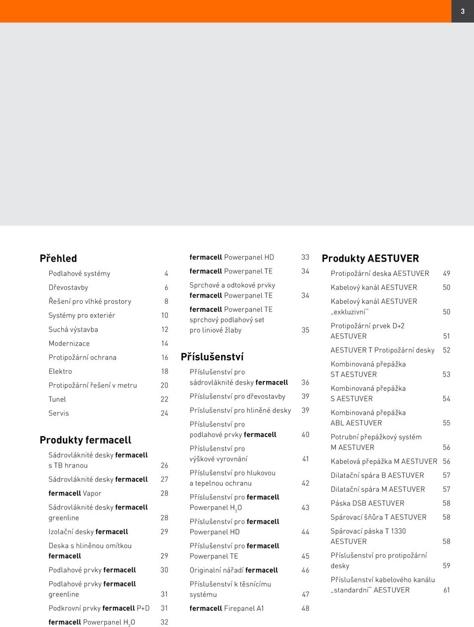 fermacell 29 Deska s hliněnou omítkou fermacell 29 Podlahové prvky fermacell 30 Podlahové prvky fermacell greenline 31 Podkrovní prvky fermacell P+D 31 fermacell Powerpanel H 2 O 32 fermacell