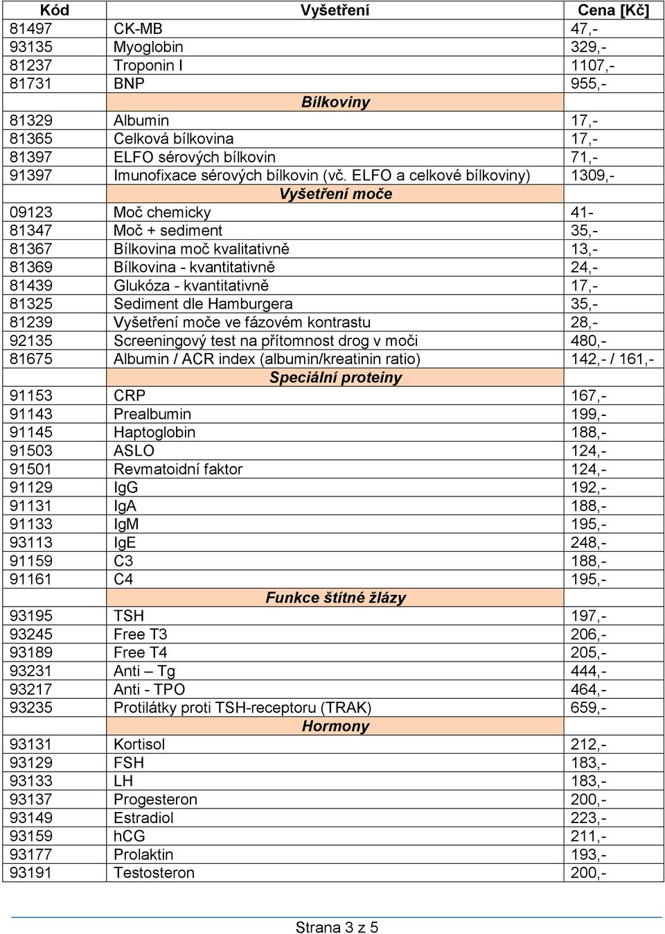 ELFO a celkové bílkoviny) 1309,- Vyšetření moče 09123 Moč chemicky 41-81347 Moč + sediment 35,- 81367 Bílkovina moč kvalitativně 13,- 81369 Bílkovina - kvantitativně 24,- 81439 Glukóza -