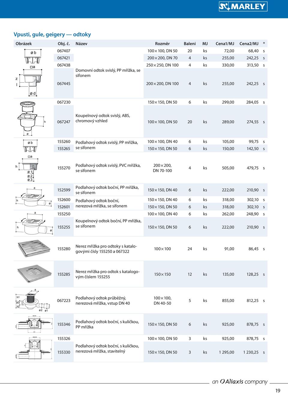 Podlahový odtok svislý, PP mřížka, 100 100, DN 40 6 ks 105,00 99,75 s 155265 se sifonem 150 150, DN 50 6 ks 150,00 142,50 s 155270 Podlahový odtok svislý, PVC mřížka, se sifonem 200 200, DN 70-100 4