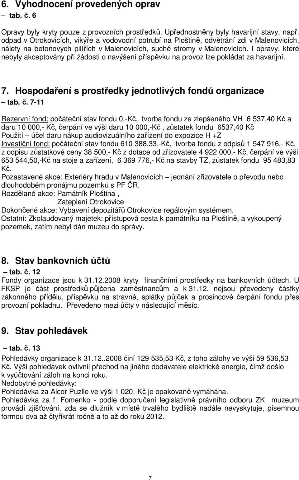 I opravy, které nebyly akceptovány při žádosti o navýšení příspěvku na provoz lze pokládat za havarijní. 7. Hospodaření s prostředky jednotlivých fondů organizace tab. č.