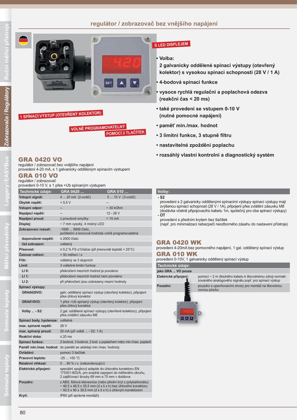 4-20 ma, s 1 galvanicky odd leným spínacím výstupem GRA 010 VO regulátor / zobrazova provedení 0-10 V, s 1 p es +Ub spínaným výstupem GRA 0420... GRA 010... Vstupní signál: 4... 20 ma (2-vodi ) 0.