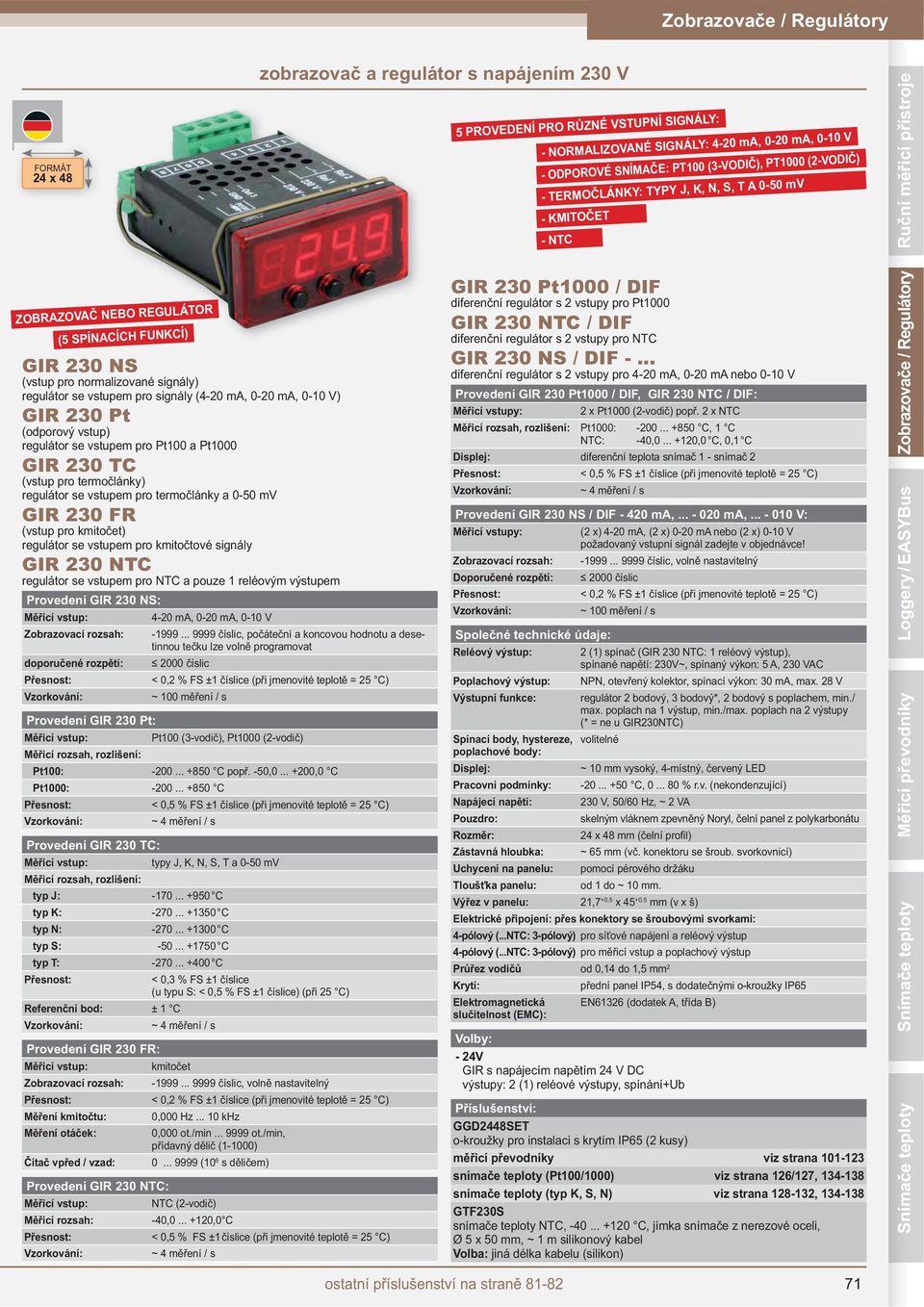 regulátor se vstupem pro signály (4-20 ma, 0-20 ma, 0-10 V) GIR 230 Pt (odporový vstup) regulátor se vstupem pro Pt100 a Pt1000 GIR 230 TC (vstup pro termo lánky) regulátor se vstupem pro termo lánky