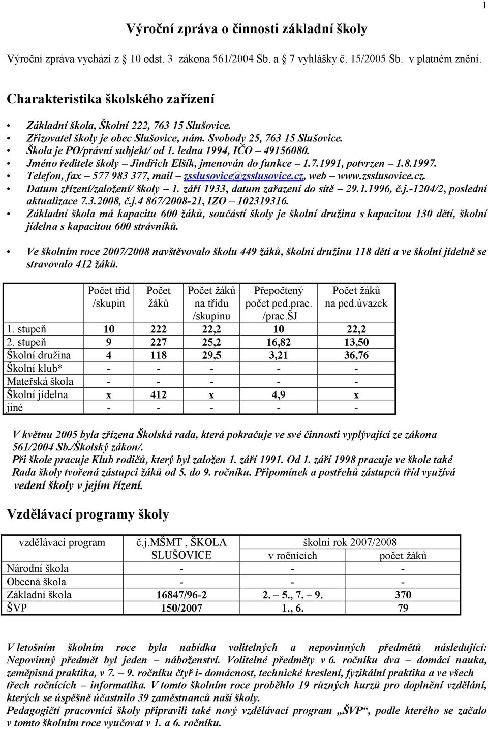 ledna 1994, IČO 49156080. Jméno ředitele školy Jindřich Elšík, jmenován do funkce 1.7.1991, potvrzen 1.8.1997. Telefon, fax 577 983 377, mail zsslusovice@zsslusovice.cz,