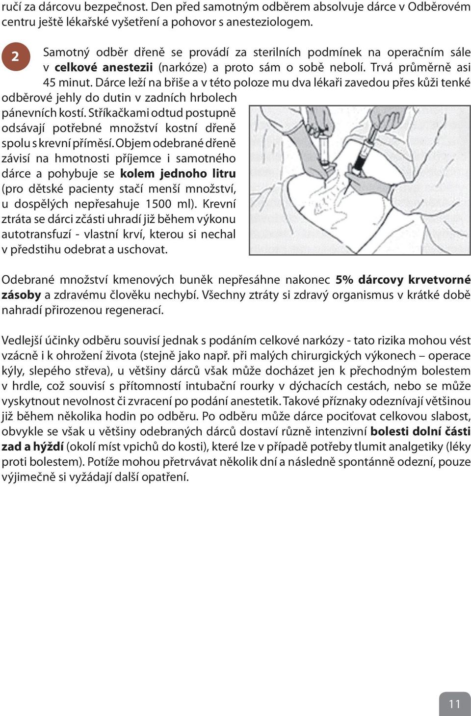 Dárce leží na břiše a v této poloze mu dva lékaři zavedou přes kůži tenké odběrové jehly do dutin v zadních hrbolech pánevních kostí.