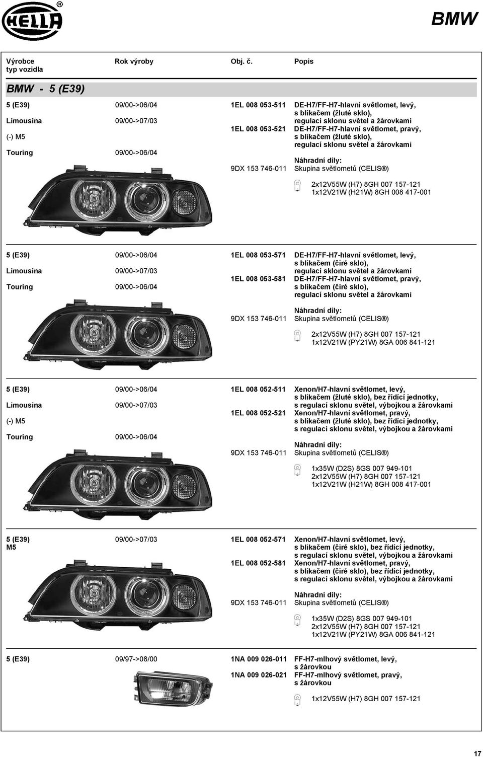 1x12V21W (H21W) 8GH 008 417-001 5 (E39) 09/00->06/04 Limousina 09/00->07/03 Touring 09/00->06/04 1EL 008 053-571 1EL 008 053-581 9DX 153 746-011 DE-H7/FF-H7-hlavní světlomet, levý, s blikačem (čiré