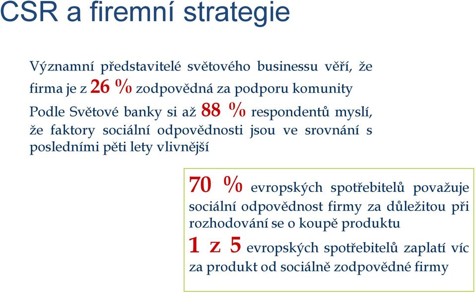 srovnání s posledními pěti lety vlivnější 70 % evropských spotřebitelů považuje sociální odpovědnost firmy za