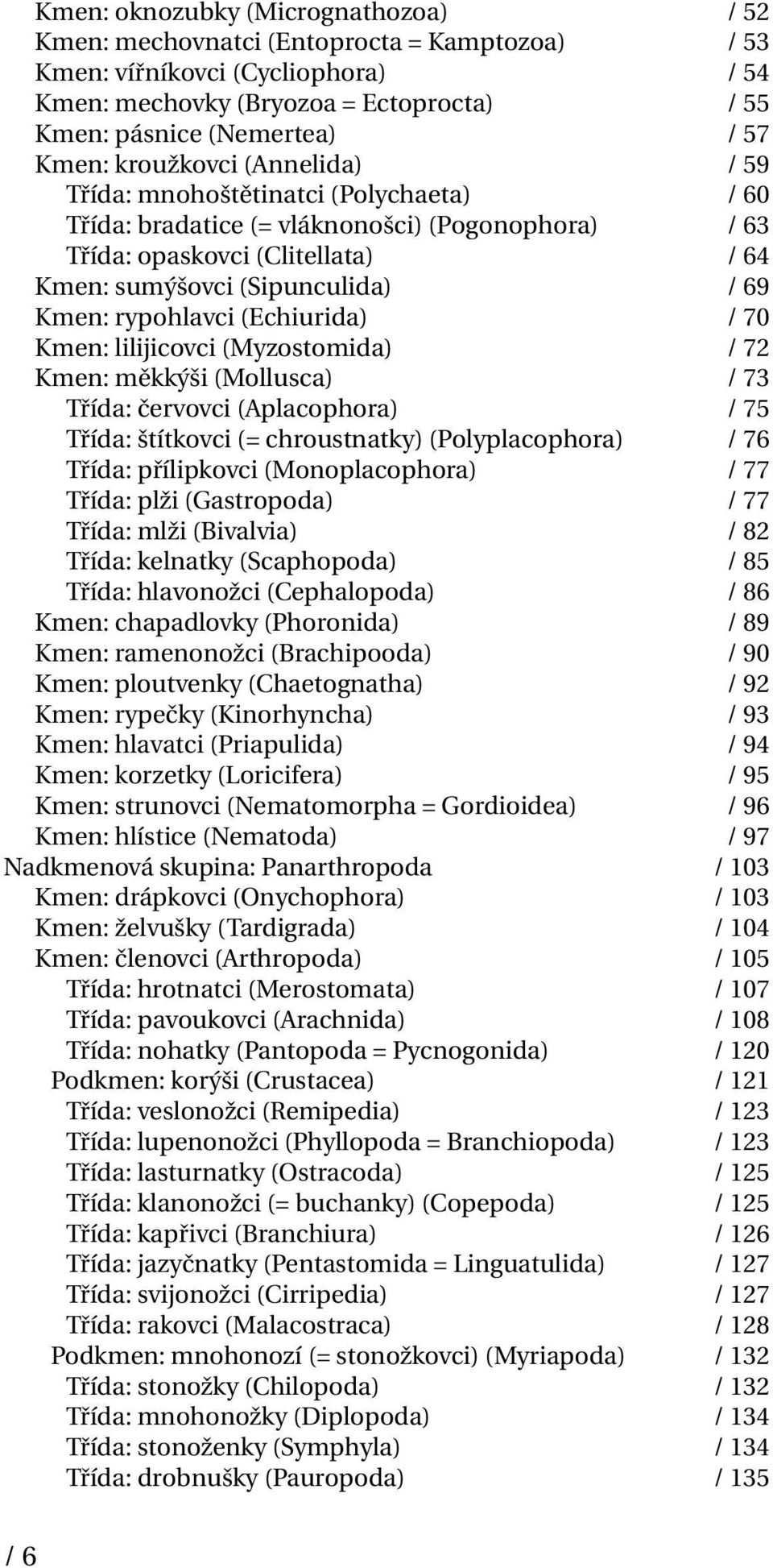 Kmen: rypohlavci (Echiurida) / 70 Kmen: lilijicovci (Myzostomida) / 72 Kmen: měkkýši (Mollusca) / 73 Třída: červovci (Aplacophora) / 75 Třída: štítkovci (= chroustnatky) (Polyplacophora) / 76 Třída: