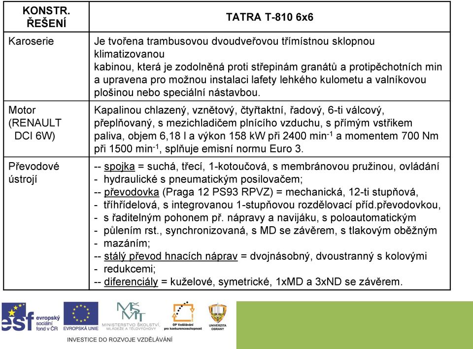 kabinou, která je zodolněná proti střepinám granátů a protipěchotních min a upravena pro možnou instalaci lafety lehkého kulometu a valníkovou plošinou nebo speciální nástavbou.