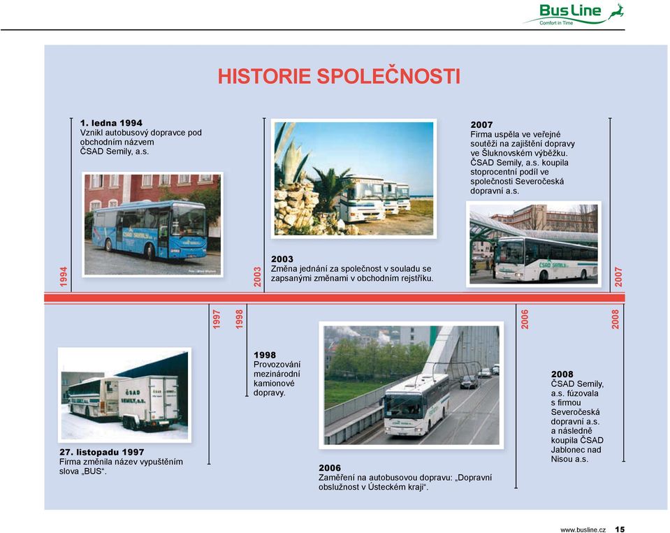 1997 1998 2006 2007 2008 27. listopadu 1997 Firma změnila název vypuštěním slova BUS. 1998 Provozování mezinárodní kamionové dopravy.