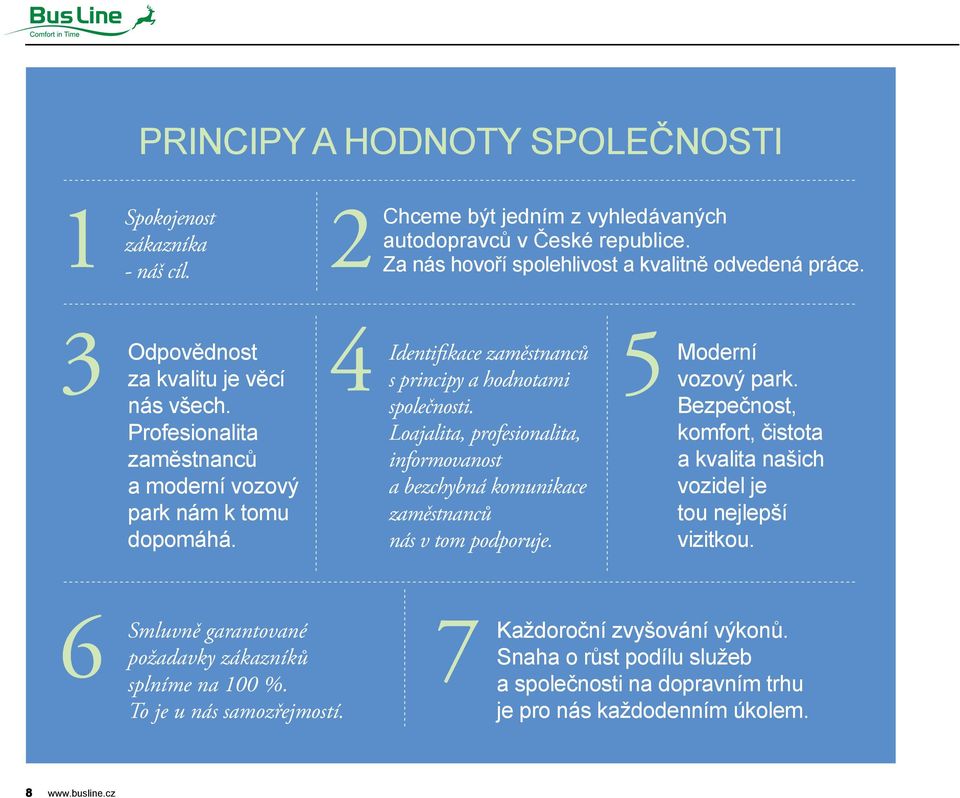 Loajalita, profesionalita, informovanost a bezchybná komunikace zaměstnanců nás v tom podporuje. Moderní vozový park. Bezpečnost, komfort, čistota a kvalita našich vozidel je tou nejlepší vizitkou.