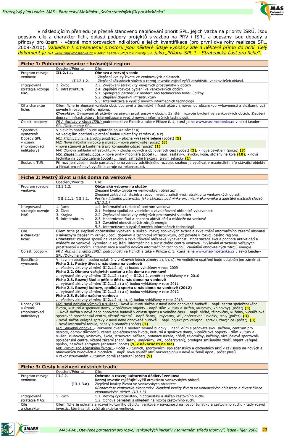 roky realizace SPL, 20092010). Vzhledem k omezenému prostoru jsou některé údaje vypsány zde a některé přímo do fichí. Celý dokument je na www.masmostenka.