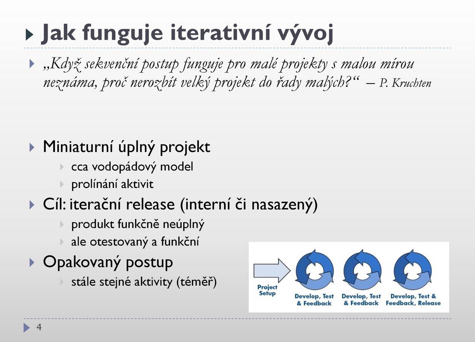 Kruchten Miniaturní úplný projekt cca vodopádový model prolínání aktivit Cíl: iterační