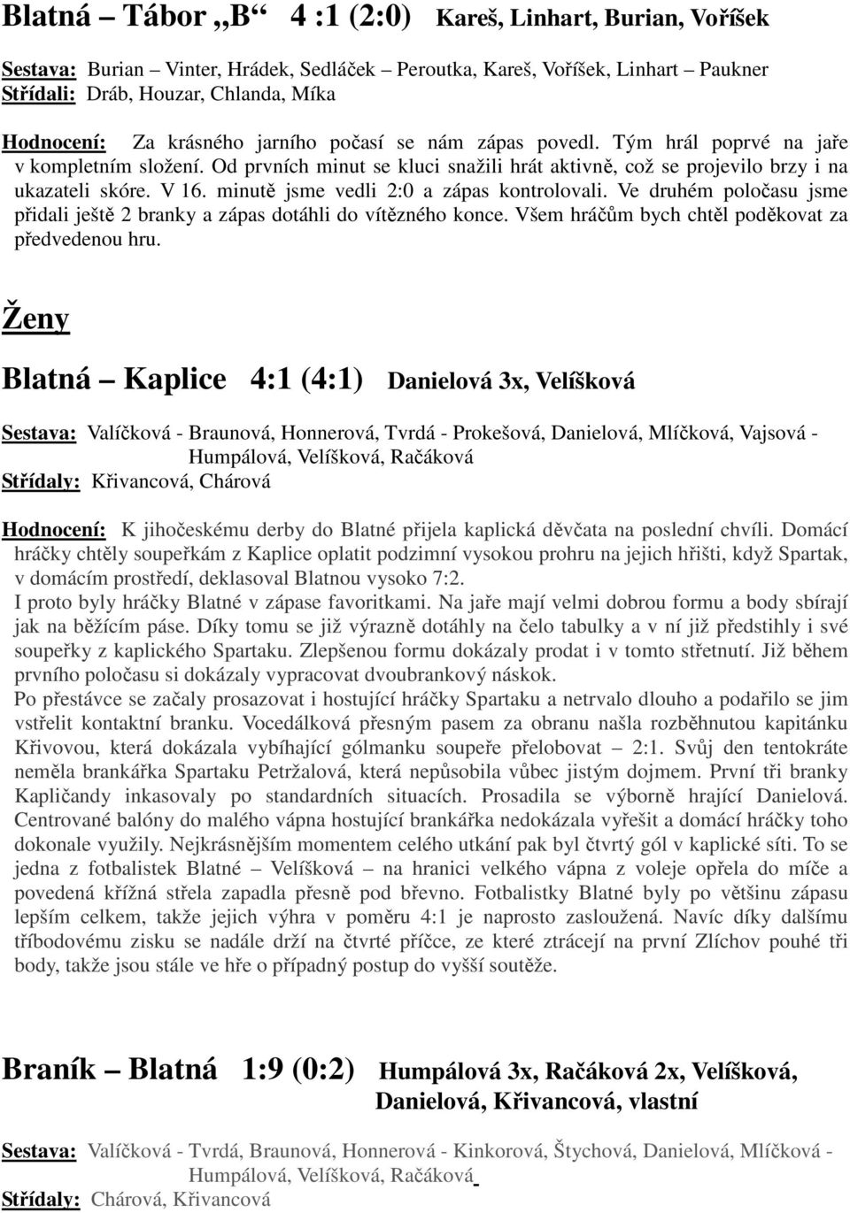 minutě jsme vedli 2:0 a zápas kontrolovali. Ve druhém poločasu jsme přidali ještě 2 branky a zápas dotáhli do vítězného konce. Všem hráčům bych chtěl poděkovat za předvedenou hru.