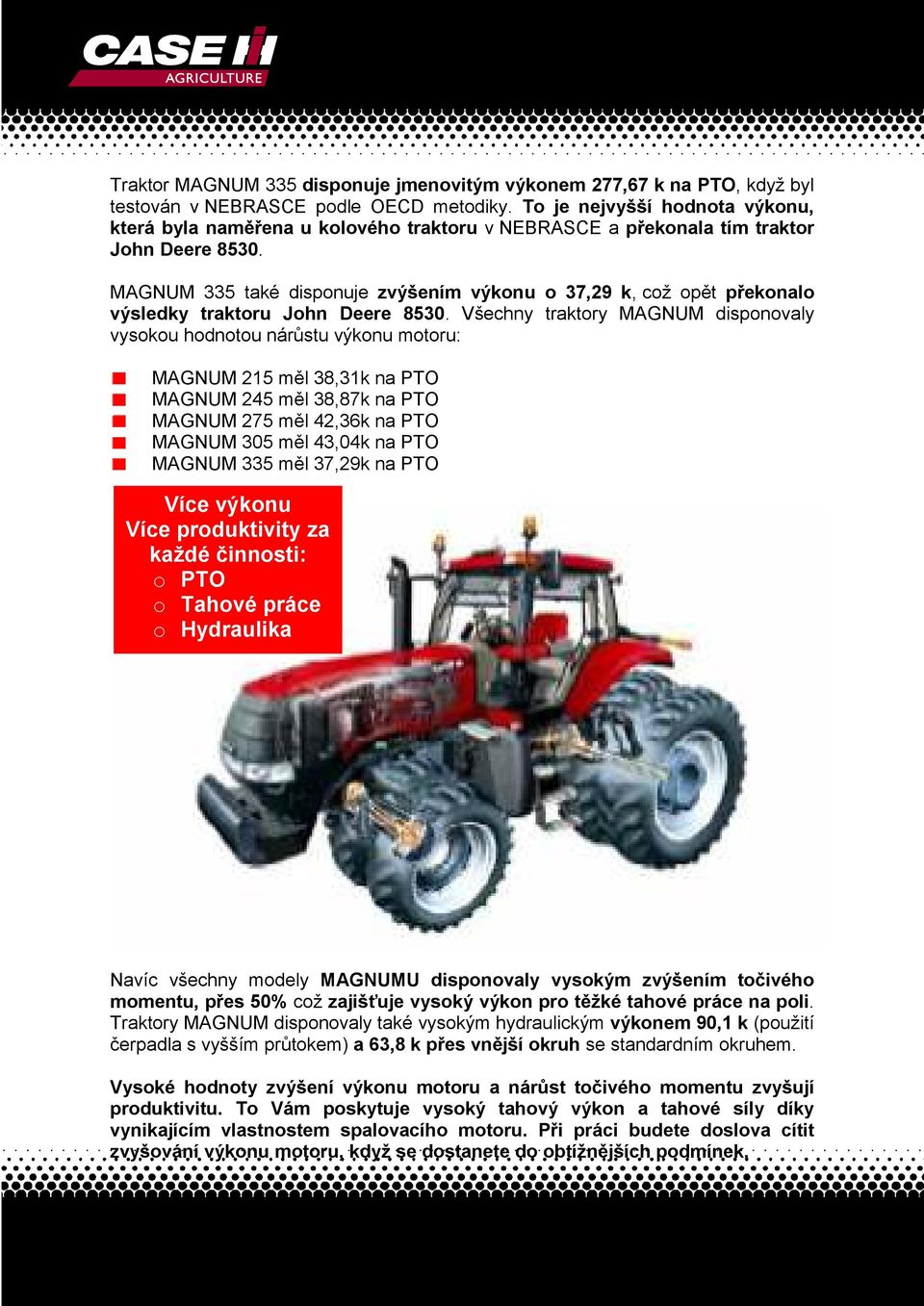 MAGNUM 335 také disponuje zvýšením výkonu o 37,29 k, což opět překonalo výsledky traktoru John Deere 8530.