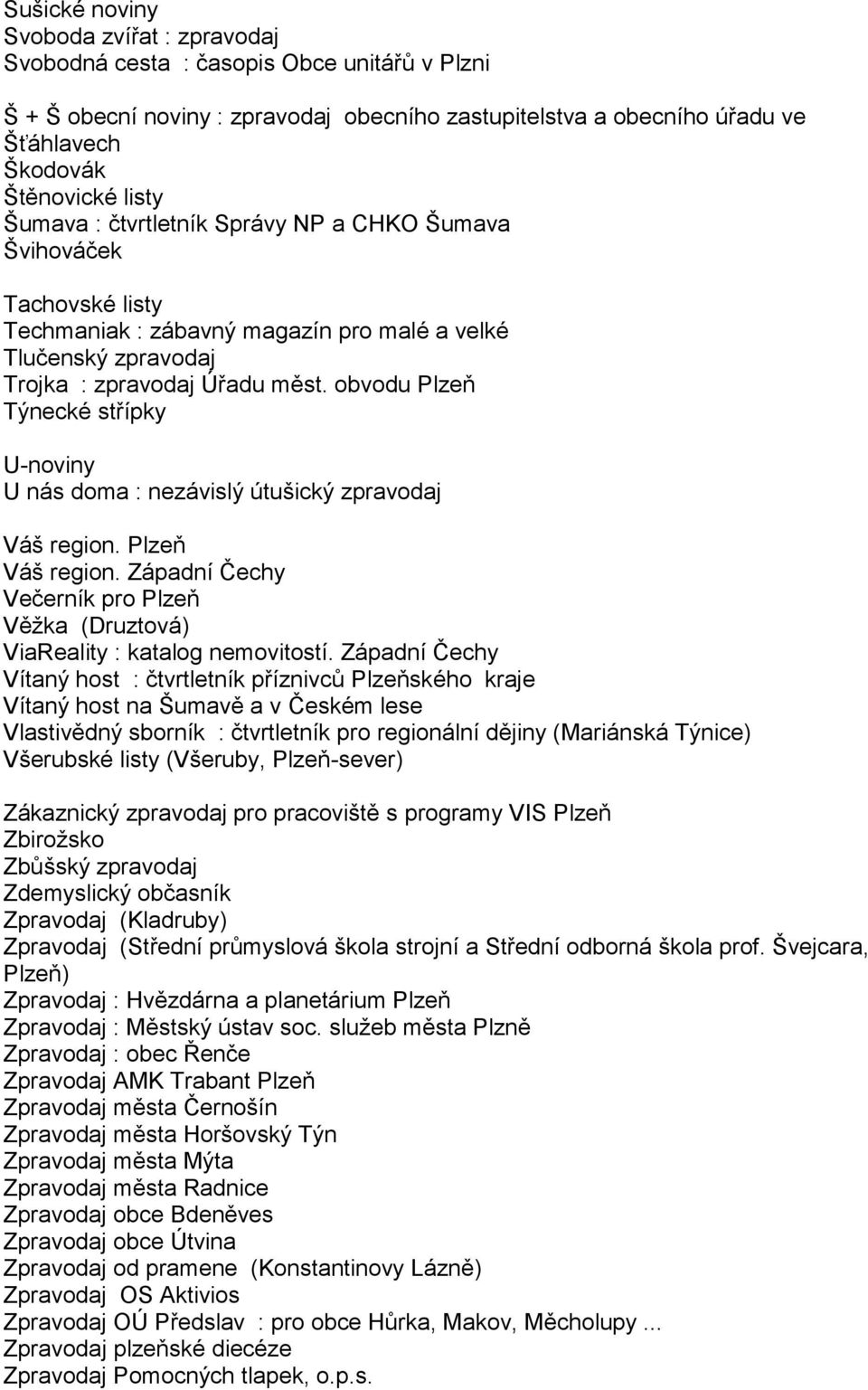 obvodu Plzeň Týnecké střípky U-noviny U nás doma : nezávislý útušický zpravodaj Váš region. Plzeň Váš region. Západní Čechy Večerník pro Plzeň Věžka (Druztová) ViaReality : katalog nemovitostí.