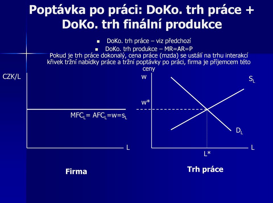 trh produkce MR=AR=P Pokud je trh práce dokonalý, cena práce (mzda) se ustálí na