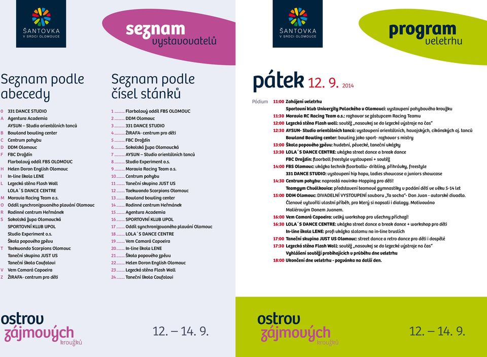 s. Škola popového zpěvu T Taekwondo Scorpions Olomouc Taneční skupina JUST US Taneční škola Coufalovi V Vem Camará Capoeira Z ŽIRAFA- centrum pro děti Seznam podle čísel stánků 1.