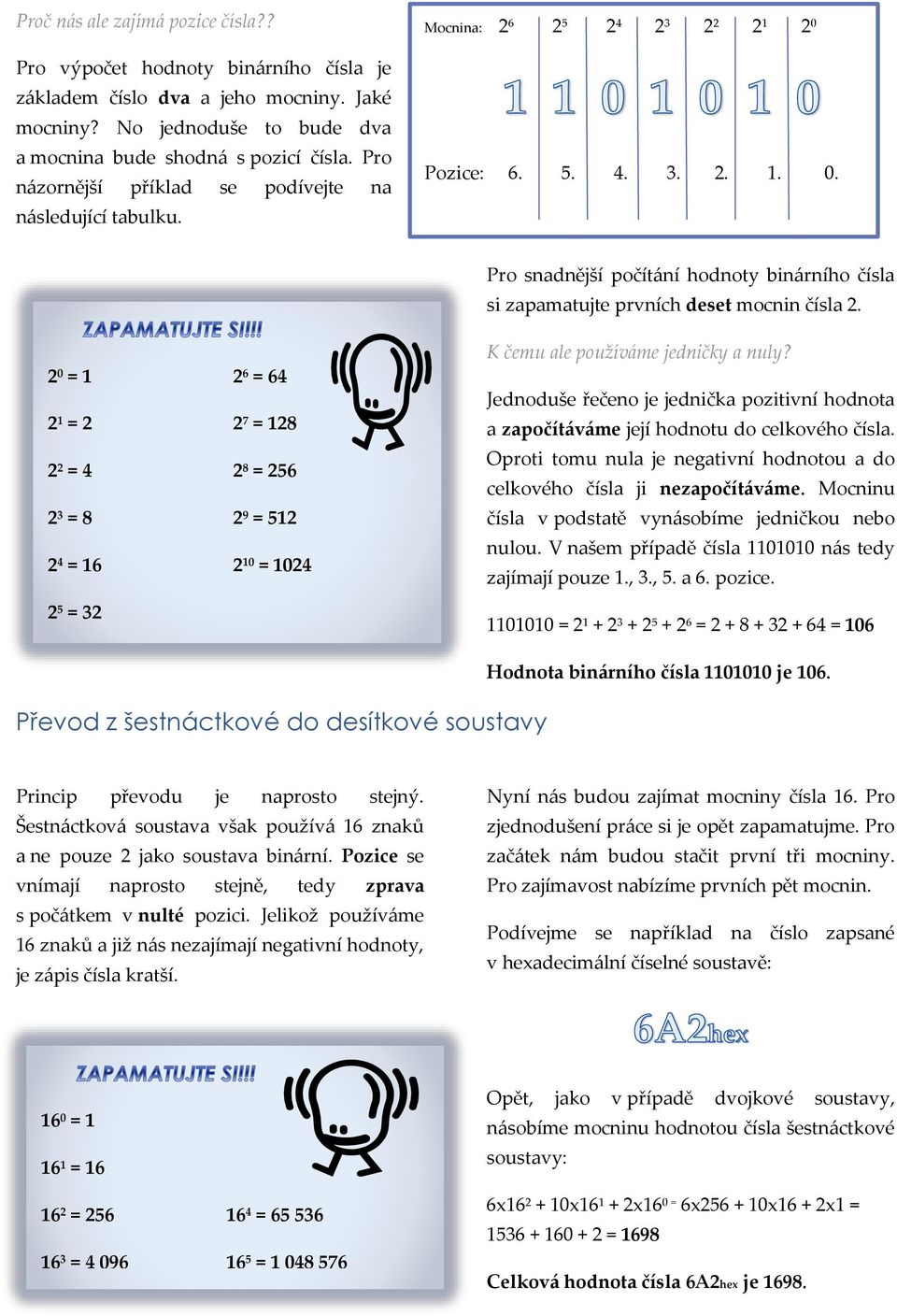 2 0 = 1 2 6 = 64 2 1 = 2 2 7 = 128 2 2 = 4 2 8 = 256 2 3 = 8 2 9 = 512 2 4 = 16 2 10 = 1024 2 5 = 32 K čemu ale používáme jedničky a nuly?