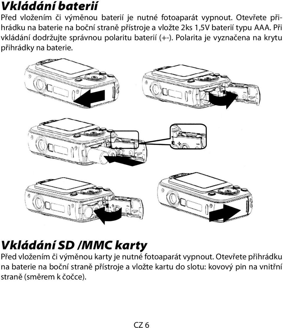 Při vkládání dodržujte správnou polaritu baterií (+-). Polarita je vyznačena na krytu přihrádky na baterie.