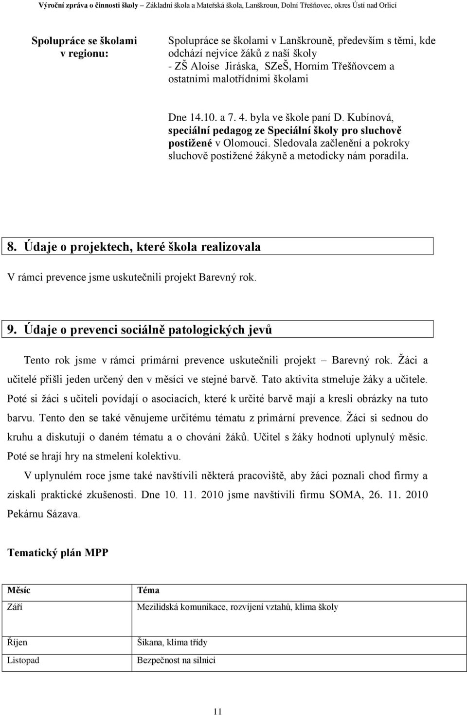 Sledovala začlenění a pokroky sluchově postižené žákyně a metodicky nám poradila. 8. Údaje o projektech, které škola realizovala V rámci prevence jsme uskutečnili projekt Barevný rok. 9.