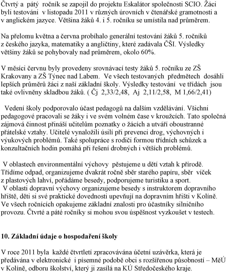 Výsledky většiny žáků se pohybovaly nad průměrem, okolo 60%. V měsíci červnu byly provedeny srovnávací testy žáků 5. ročníku ze ZŠ Krakovany a ZŠ Týnec nad Labem.