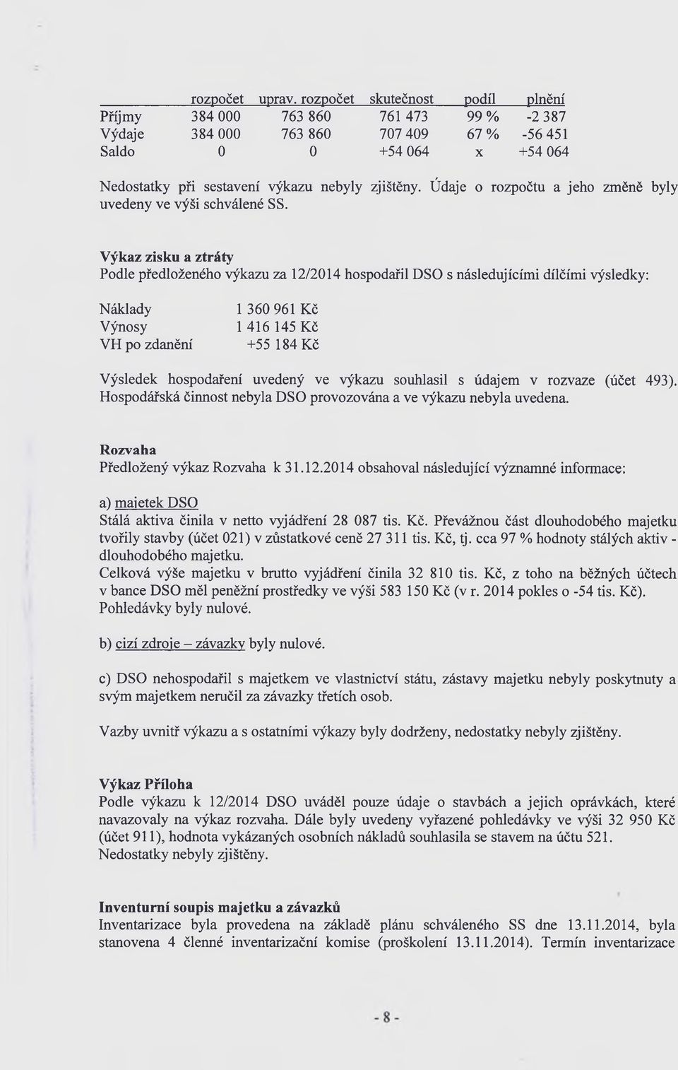 Výkaz zisku a ztráty Podle předloženého výkazu za 12/2014 hospodařil DSO s následujícími dílčími výsledky: Náklady Výnosy VH po zdanění 1 360 961 Kč 1 416 145 Kč +55 184 Kč Výsledek hospodaření