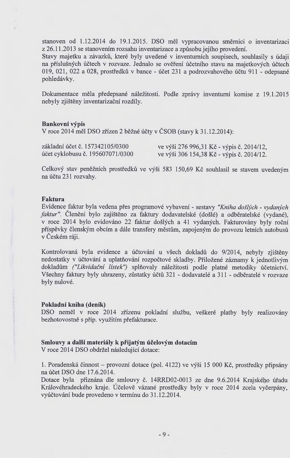 Jednalo se ověření účetního stavu na majetkových účtech 019, 021, 022 a 028, prostředků v bance - účet 231 a podrozvahového účtu 911 - odepsané pohledávky. Dokumentace měla předepsané náležitosti.