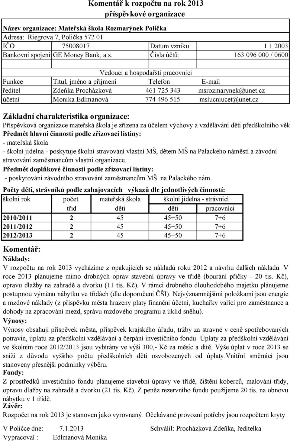 cz Monika Edlmanová 774 496 515 mslucniucet@unet.cz Základní charakteristika organizace: Příspěvková organizace mateřská škola je zřízena za účelem výchovy a vzdělávání dětí předškolního věku.