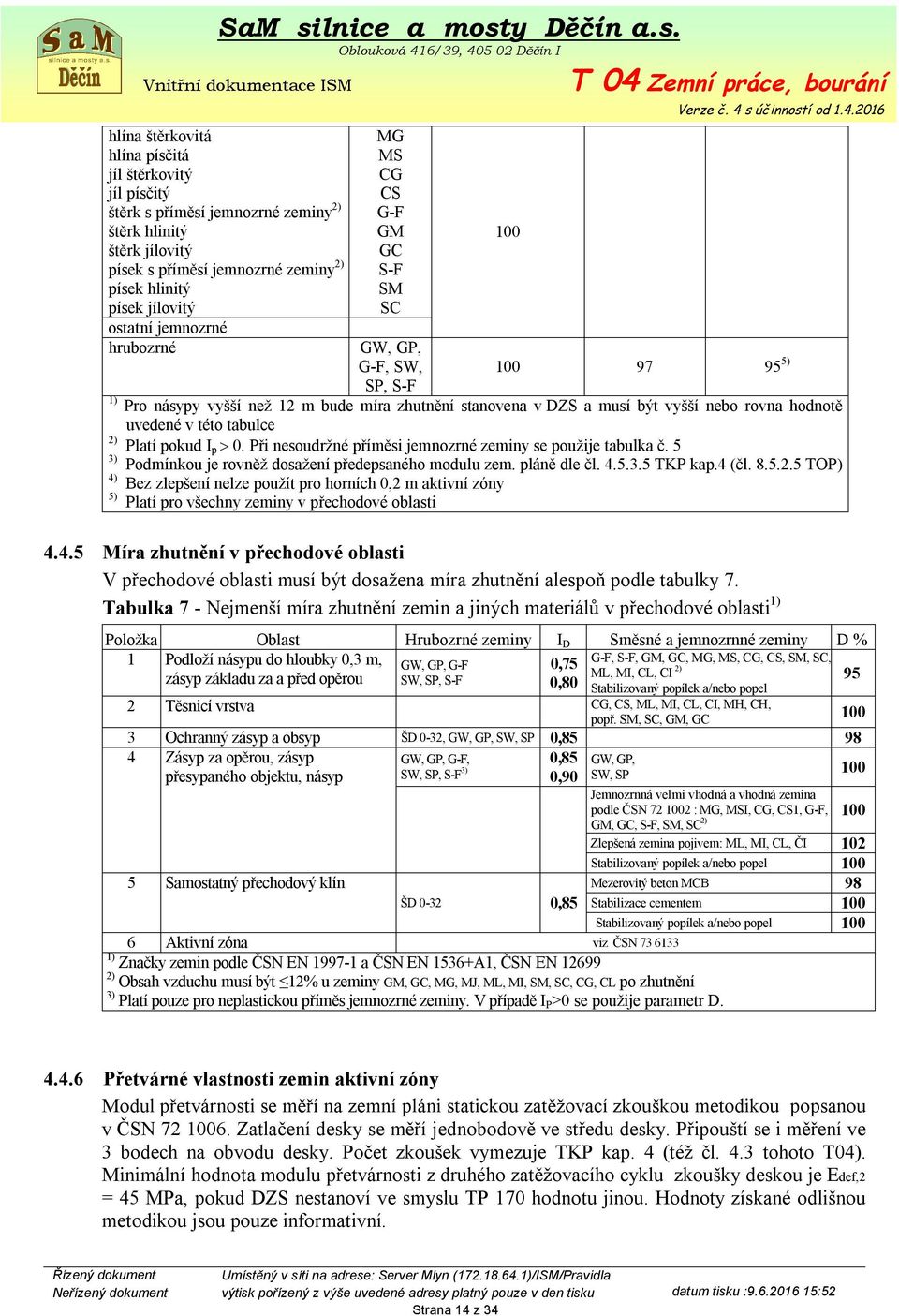 uvedené v této tabulce 2) Platí pokud I p 0. Při nesoudržné příměsi jemnozrné zeminy se použije tabulka č. 5 3) Podmínkou je rovněž dosažení předepsaného modulu zem. pláně dle čl. 4.5.3.5 TKP kap.