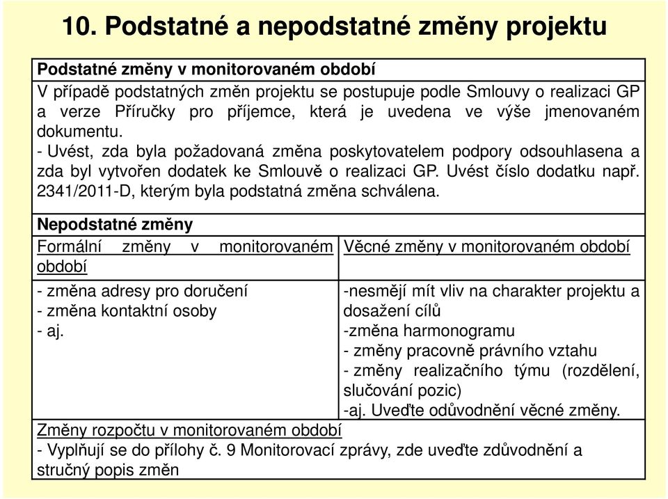 2341/2011-D, kterým byla podstatná změna schválena. Nepodstatné změny Formální změny v monitorovaném Věcné změny v monitorovaném období období - změna adresy pro doručení - změna kontaktní osoby - aj.