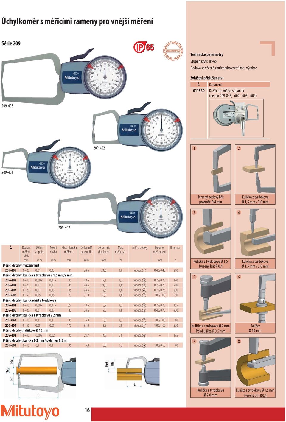 doteku Hb Délka měř. doteku Hf Max. měřicí síla Měřicí doteky Poloměr měř. doteku Hmotnost N g Měřicí doteky: tvrzený břit 209-405 0 20 0,01 0,03 81 24,6 24,6 1,6 viz obr.