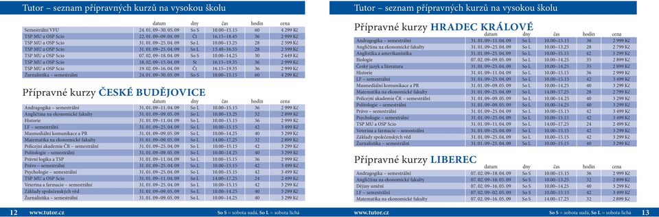 04. 09 So S 10.00 14.25 30 2 649 Kč TSP MU a OSP Scio 18. 02. 09 15. 04. 09 St 16.15 19.35 36 2 999 Kč TSP MU a OSP Scio 19. 02. 09 16. 04. 09 Čt 16.15 19.35 36 2 999 Kč Žurnalistika semestrální 24.