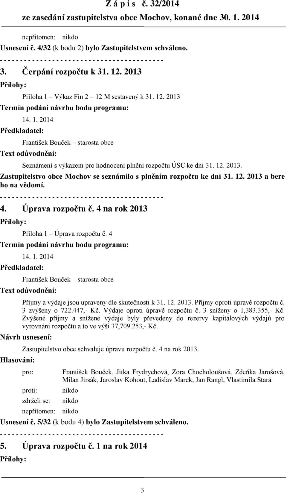 12. 2013. Zastupitelstvo obce Mochov se seznámilo s plněním rozpočtu ke dni 31. 12. 2013 a bere ho na vědomí. 4. Úprava rozpočtu č. 4 na rok 2013 Přílohy: Příloha 1 Úprava rozpočtu č.