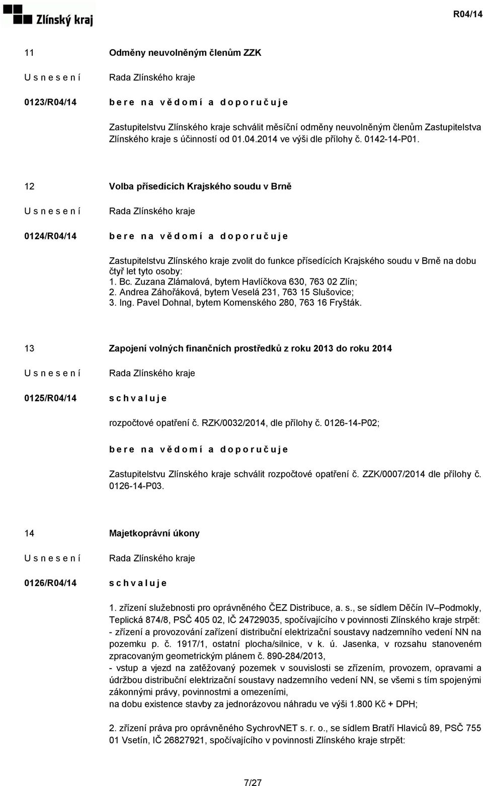 Zuzana Zlámalová, bytem Havlíčkova 630, 763 02 Zlín; 2. Andrea Záhořáková, bytem Veselá 231, 763 15 Slušovice; 3. Ing. Pavel Dohnal, bytem Komenského 280, 763 16 Fryšták.