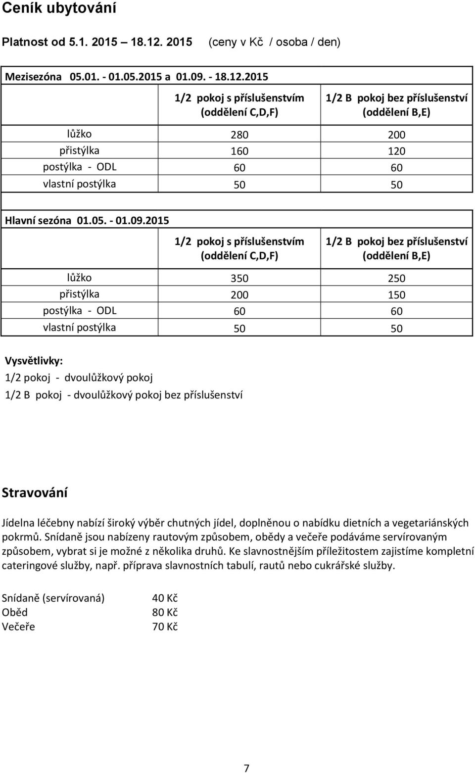 2015 1/2 pokoj s příslušenstvím (oddělení C,D,F) 1/2 B pokoj bez příslušenství (oddělení B,E) lůžko 280 200 přistýlka 160 120 postýlka - ODL 60 60 vlastní postýlka 50 50 Hlavní sezóna 01.05. - 01.09.