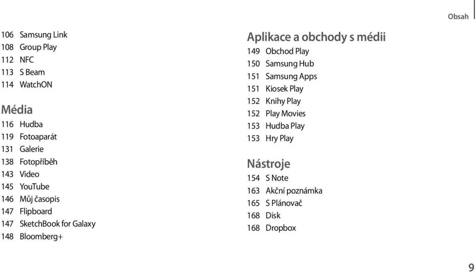 Aplikace a obchody s médii 149 Obchod Play 150 Samsung Hub 151 Samsung Apps 151 Kiosek Play 152 Knihy Play 152