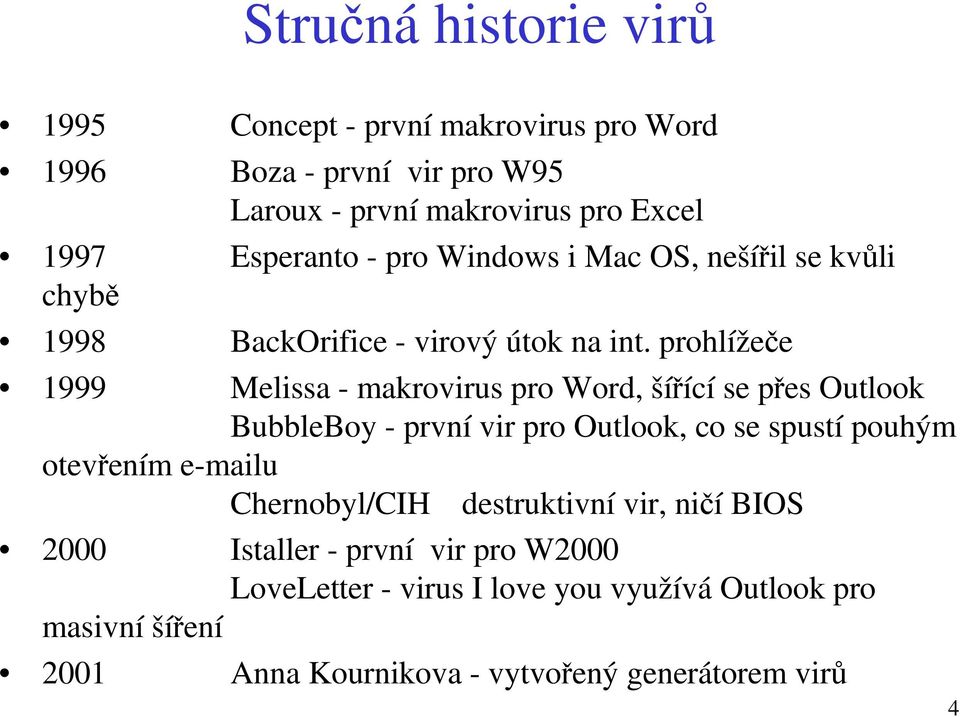 prohlížeče 1999 Melissa - makrovirus pro Word, šířící se přes Outlook BubbleBoy - první vir pro Outlook, co se spustí pouhým otevřením