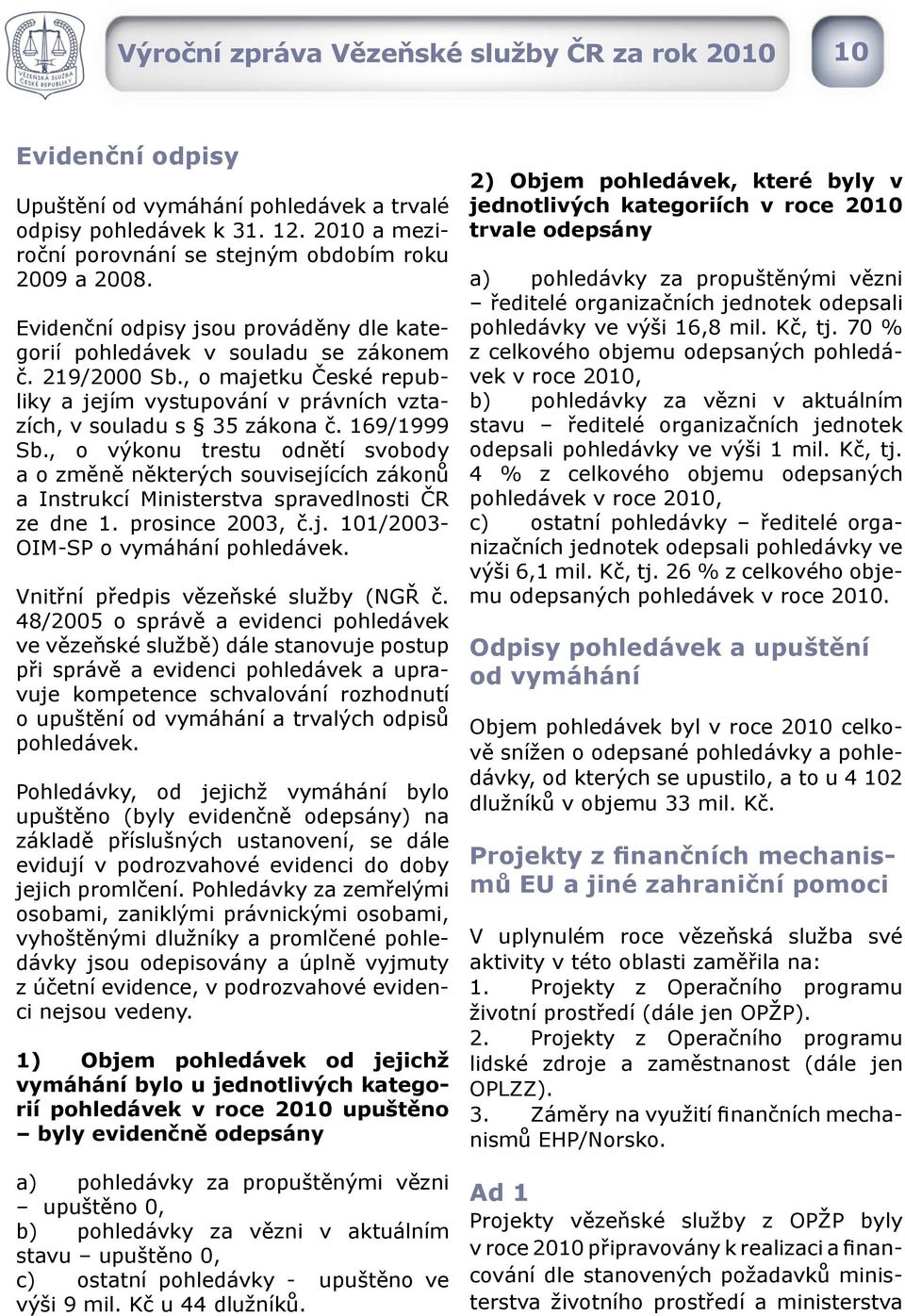 , o výkonu trestu odnětí svobody a o změně některých souvisejících zákonů a Instrukcí Ministerstva spravedlnosti ČR ze dne 1. prosince 2003, č.j. 101/2003- OIM-SP o vymáhání pohledávek.