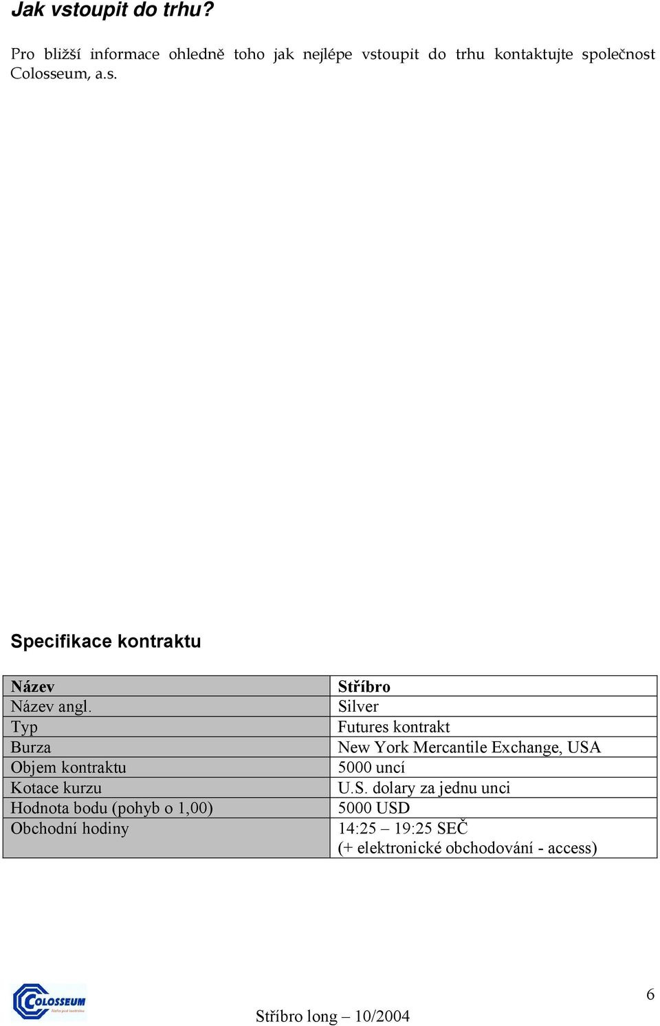 Typ Burza Objem kontraktu Kotace kurzu Hodnota bodu (pohyb o 1,00) Obchodní hodiny Stříbro Silver