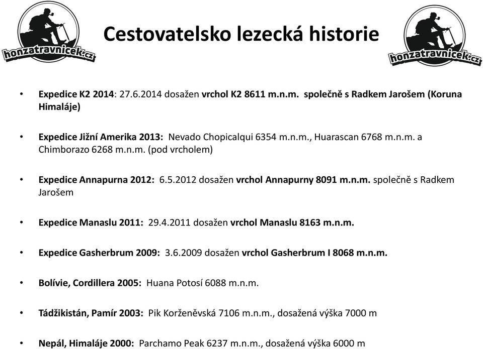 5.2012 dosažen vrchol Annapurny 8091 m.n.m. společně s Radkem Jarošem Expedice Manaslu 2011: 29.4.2011 dosažen vrchol Manaslu 8163 m.n.m. Expedice Gasherbrum 2009: 3.6.2009 dosažen vrchol Gasherbrum I 8068 m.