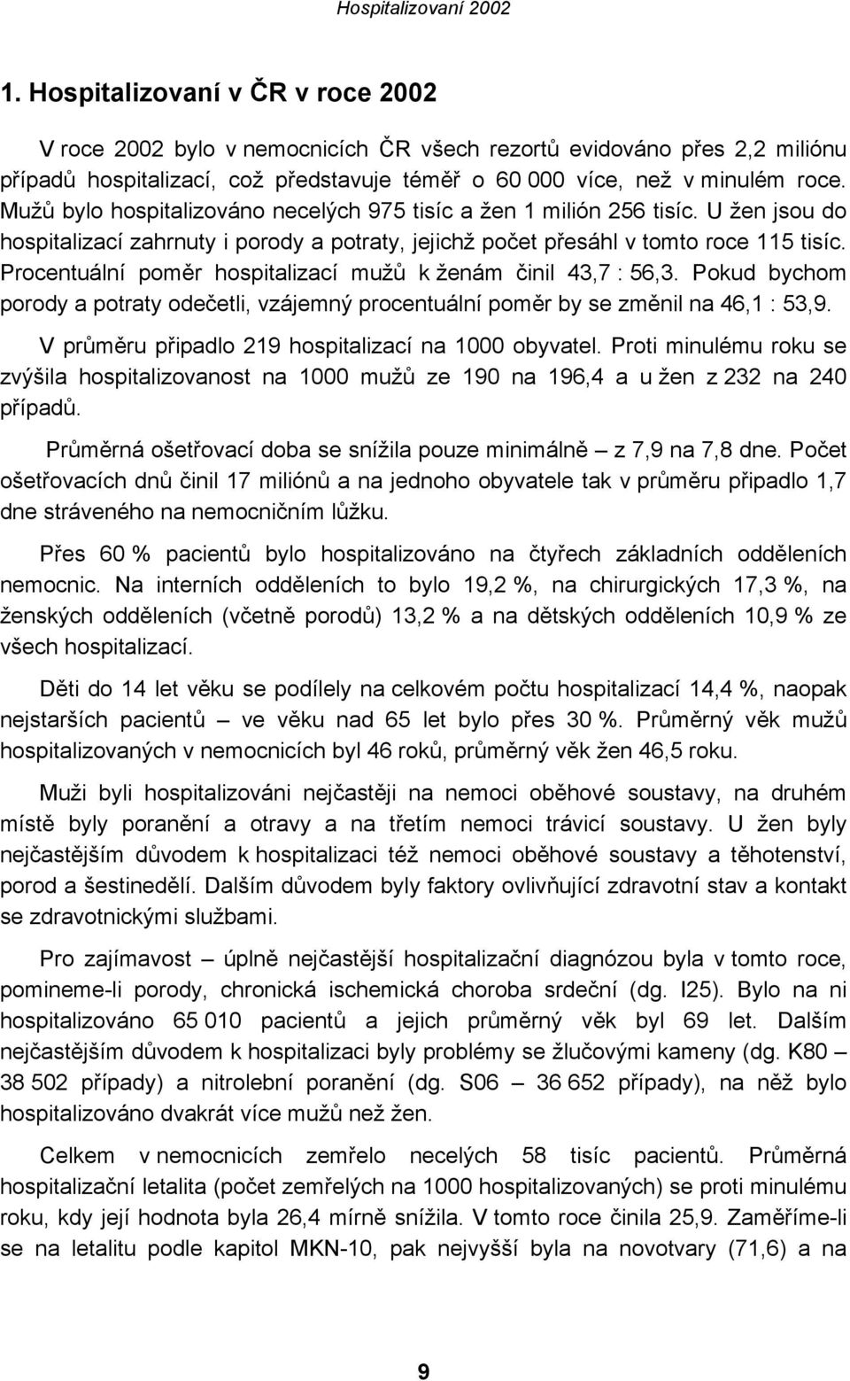 Procentuální poměr hospitalizací mužů k ženám činil 43,7 : 56,3. Pokud bychom porody a potraty odečetli, vzájemný procentuální poměr by se změnil na 46,1 : 53,9.